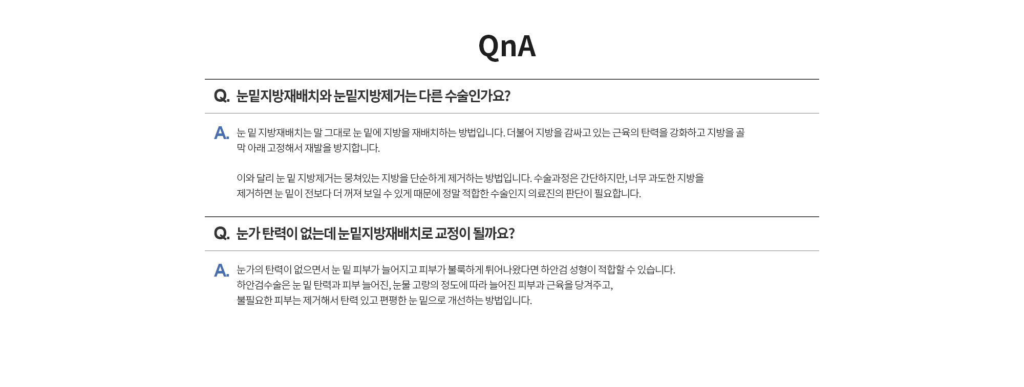QnA
		Q. 눈밑지방재배치와 눈밑지방제거는 다른 수술인가요? 
		A. 눈 밑 지방재배치는 말 그대로 눈 밑에 지방을 재배치하는 방법입니다. 더불어 지방을 감싸고 있는 근육의 탄력을 강화하고 지방을 골     
		막 아래 고정해서 재발을 방지합니다. 

		이와 달리 눈 밑 지방제거는 뭉쳐있는 지방을 단순하게 제거하는 방법입니다. 수술과정은 간단하지만, 너무 과도한 지방을 제거하면 눈 밑이 전보다 더 꺼져 보일 수 있게 때문에 정말 적합한 수술인지 의료진의 판단이 필요합니다. 

		Q. 눈가 탄력이 없는데 눈밑지방재배치로 교정이 될까요? 
		A. 눈가의 탄력이 없으면서 눈 밑 피부가 늘어지고 피부가 불룩하게 튀어나왔다면 하안검 성형이 적합할 수 있습니다. 하안검수술은 눈 밑 탄력과 피부 늘어진, 눈물 고랑의 정도에 따라 늘어진 피부과 근육을 당겨주고, 불필요한 피부는 제거해서 탄력 있고 편평한 눈 밑으로 개선하는 방법입니다.